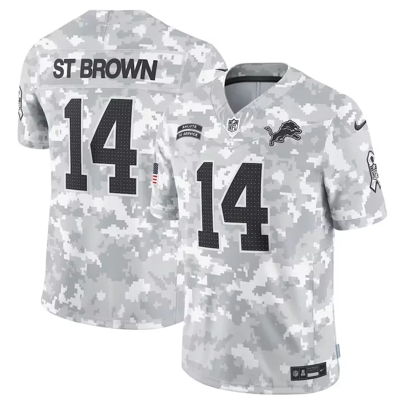 Detroit Lions #14 Amon Ra St Brown 2024 Salute to Service Limited Arctic Camo Football jersey