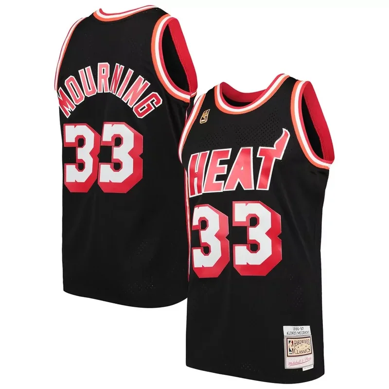 Miami Heat 33 Alonzo Mourning Retro Black Color Premium mesh gold label Basketball jersey
