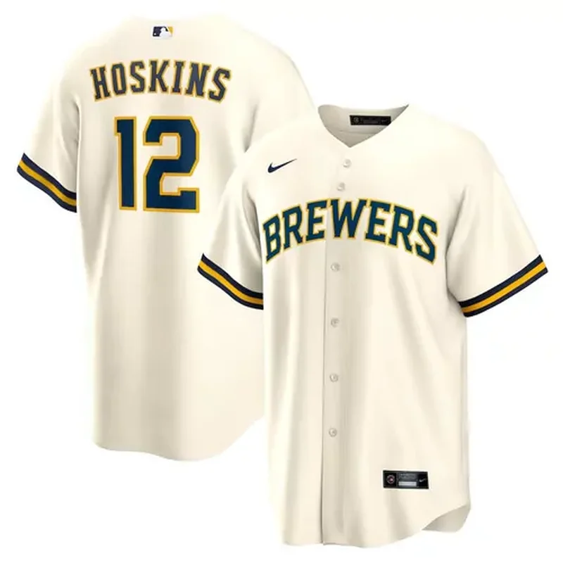 Milwaukee Brewers #12 Rhys Hoskins Home Men Player Cream Baseball jersey