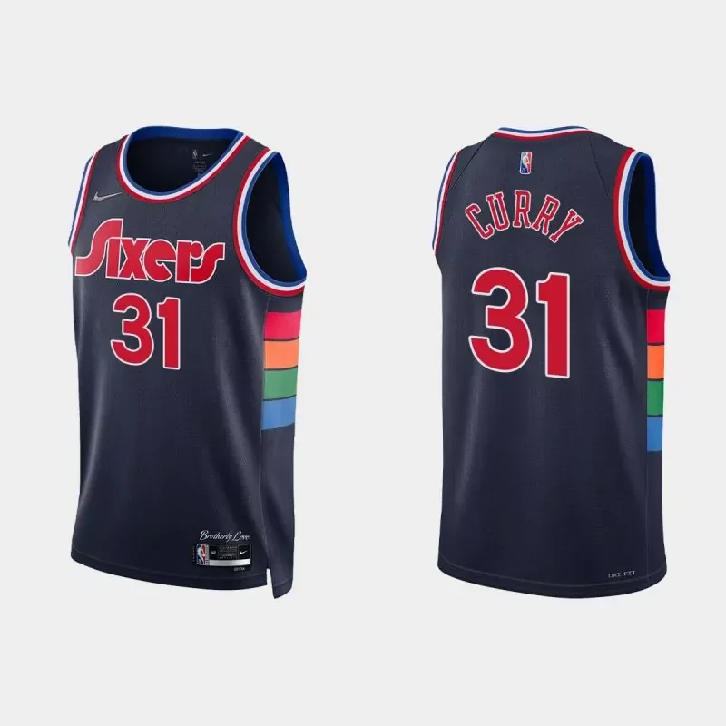 Philadelphia 76ers #31 Seth Curry 21 22 New Season 76ers 75 Anniversary City Edition Deep blue Basketball jersey