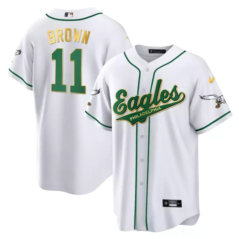 A J Brown Kelly Gold Trim EAGLES KELLY GREEN BASEBALL JERSEY ALL STITCHED - Image 2