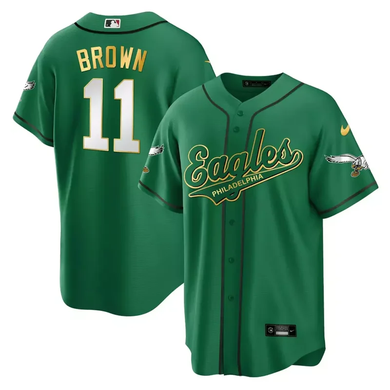 A J Brown Kelly Gold Trim EAGLES KELLY GREEN BASEBALL JERSEY ALL STITCHED