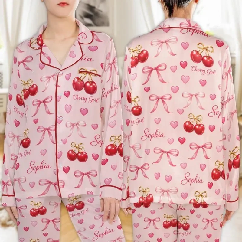 All over Print Satin Set Cherry Girl Pink Heart Bow Lounge Pajamas