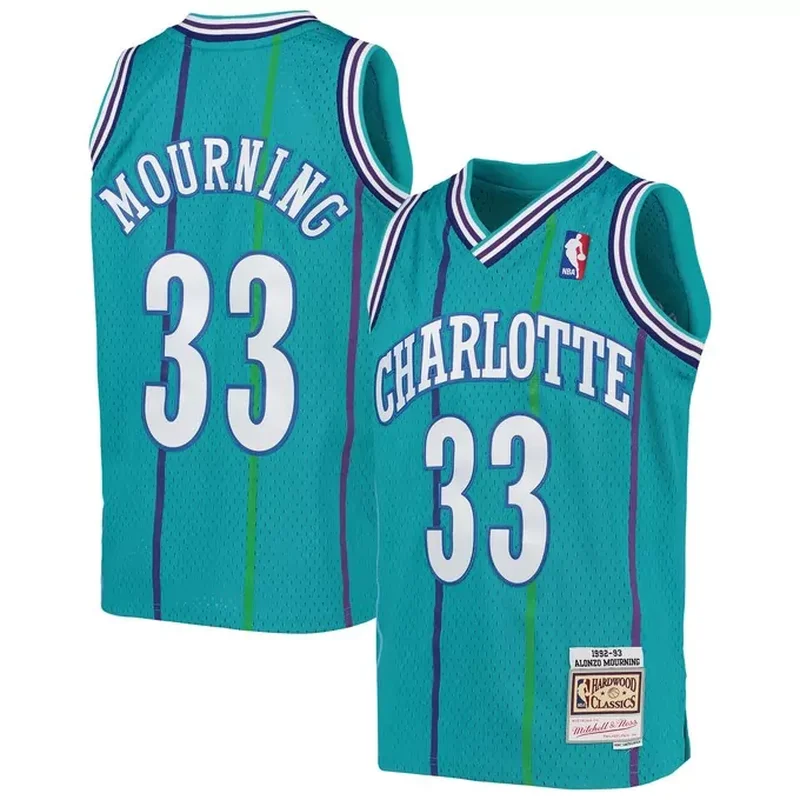 Alonzo Mourning Charlotte Hornets Classics 1992/93 Split Jersey Teal/Purple - Image 4