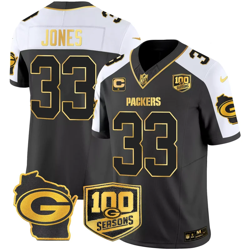 Alternate Josh Jacobs green bay packers 100th season home patch Gold jersey all stitched - Image 2