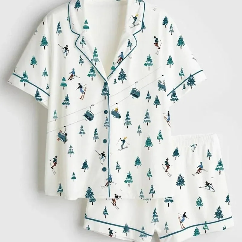 Apres Ski Mountains Satin Pajama Set Apr s Short Sleeve Pajamas Mountain Pjs Gift for Her Winter Holiday Sleepwear