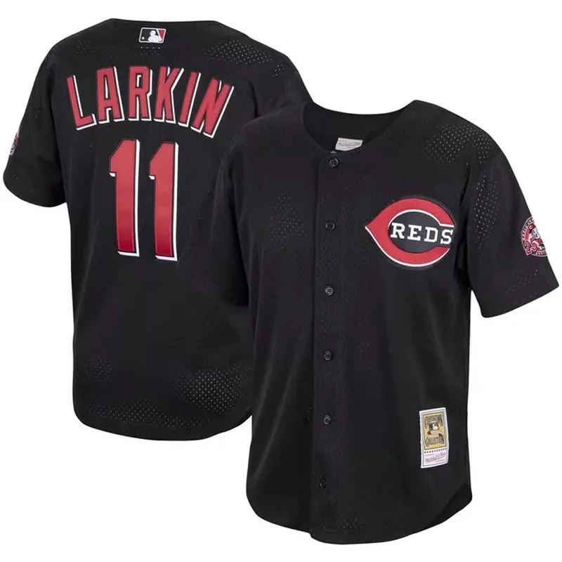 Barry Larkin Cincinnati Reds Cooperstown Collection Mesh Batting Practice Button-Up Jersey Black