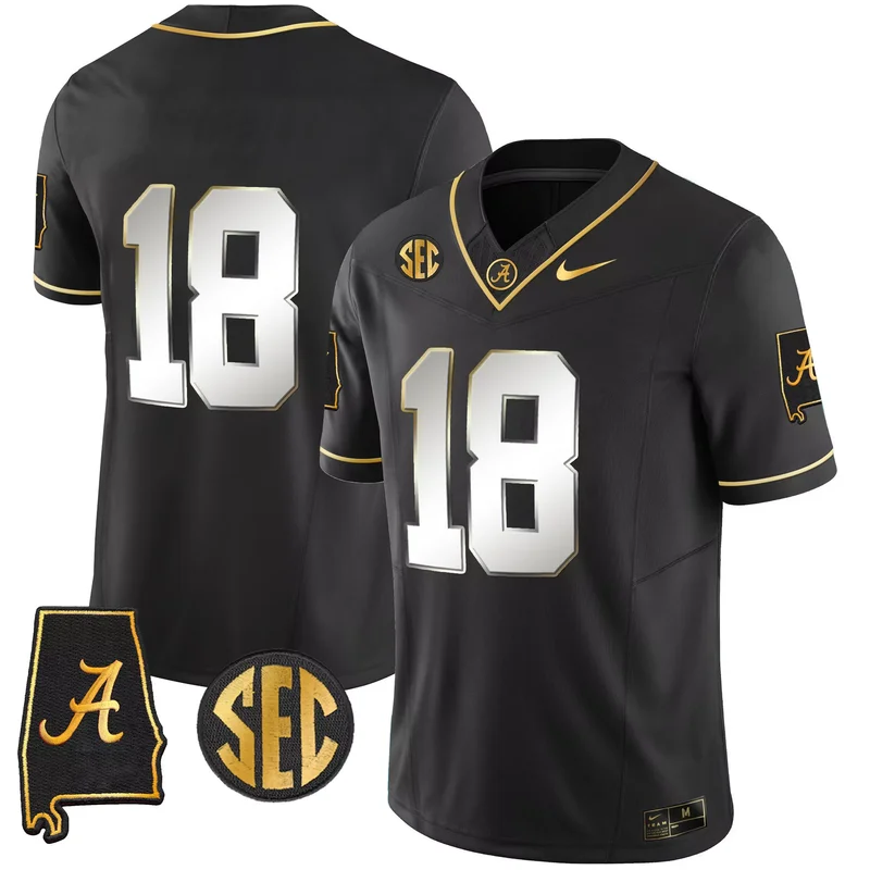 Black #18 Team alabama crimson tide Gold jersey alabama map all stitched