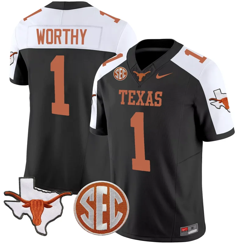 Black Alternate Xavier Worthy texas longhorns state map sec patch jersey v2 all stitched