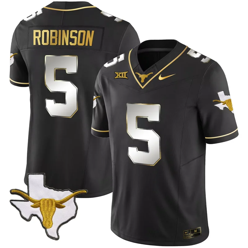 Black Bijan Robinson texas longhorns Gold jersey all stitched