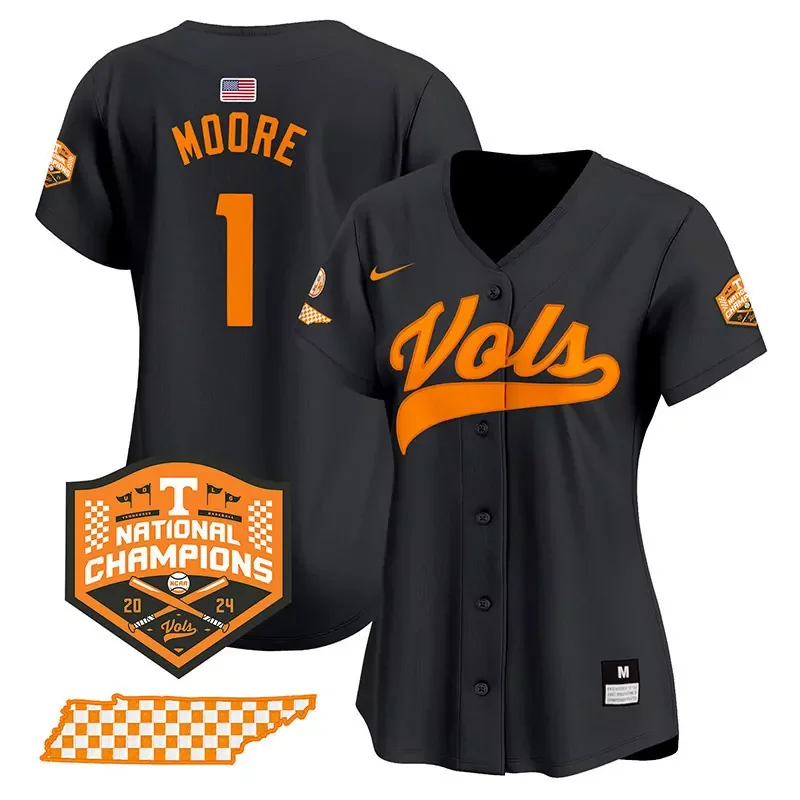 Black Christian Moore tennessee volunteers 2024 champions jersey all stitched