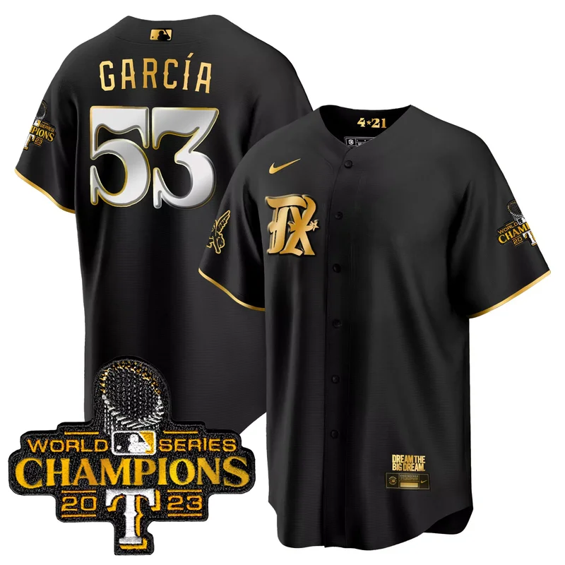 Black Gold Adolis Garcia texas rangers 2023 world series champions City connect flex Gold jersey all stitched - Image 3