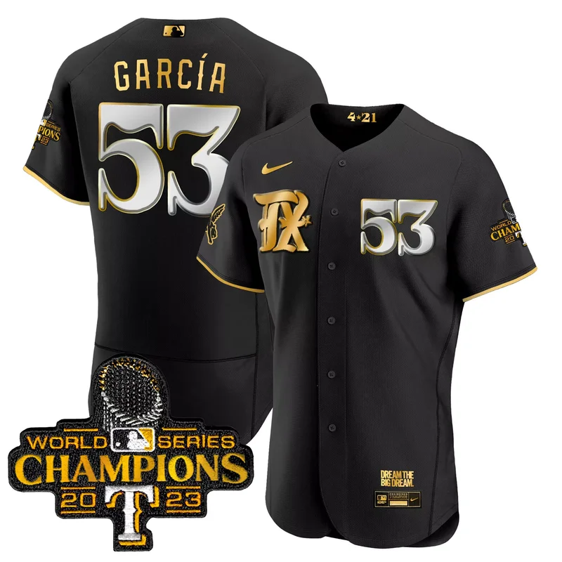 Black Gold Adolis Garcia texas rangers 2023 world series champions City connect flex Gold jersey all stitched