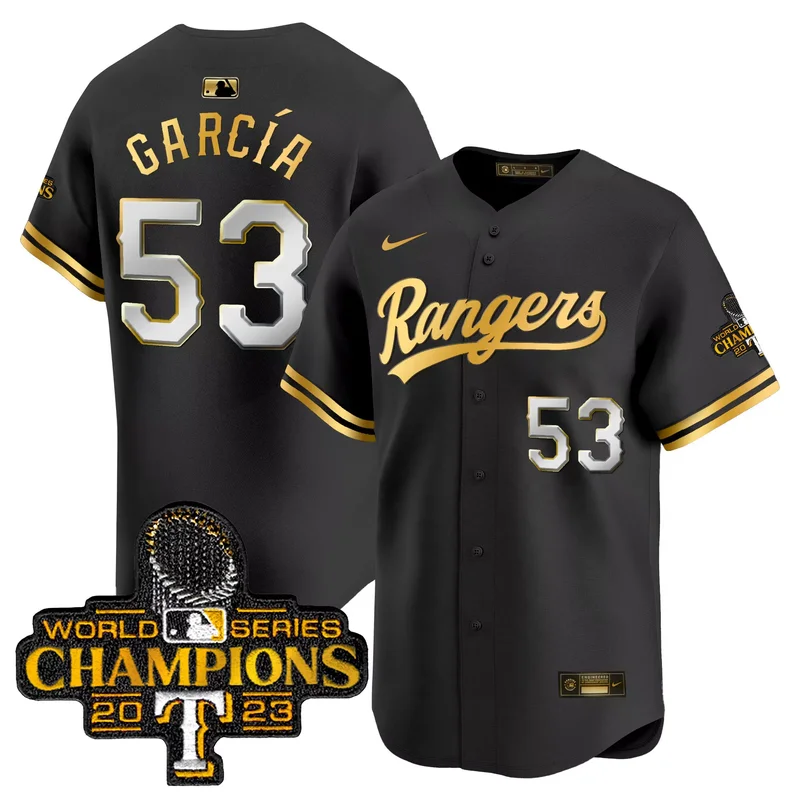 Black Gold Adolis Garcia texas rangers 2023 world series champions Gold trim jersey all stitched - Image 3
