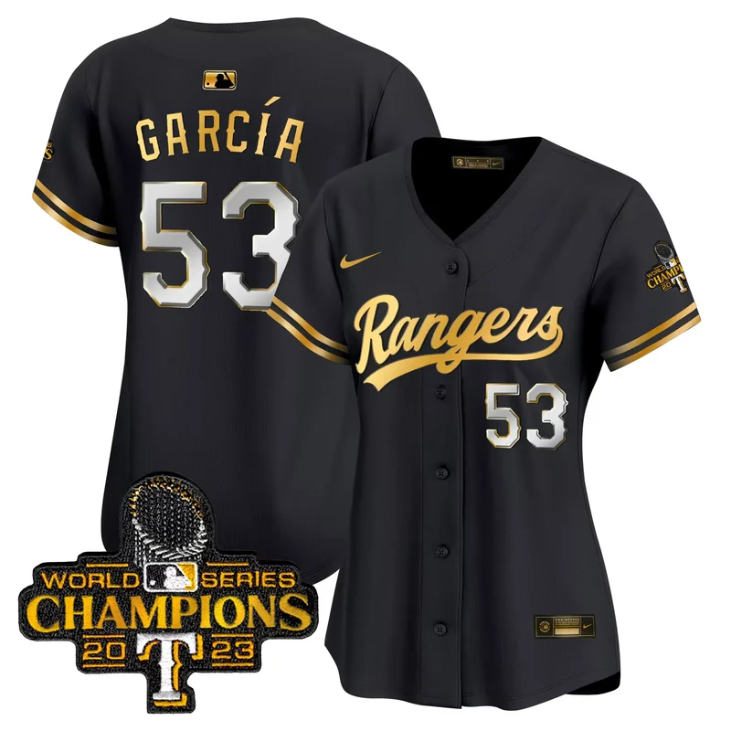 Black Gold Adolis Garcia texas rangers 2023 world series champions Gold trim jersey all stitched