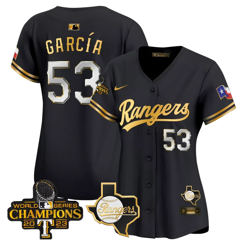 Black Gold texas rangers 2023 world series champions Gold trim vapor custom jersey v2 all stitched - Image 3