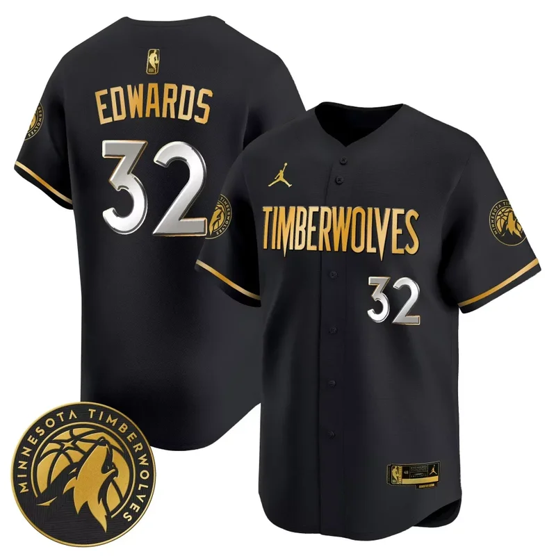 Black Gold Anthony Edwards Minnesota Timberwolves 2024 Baseball Jersey All Stitched - Image 4