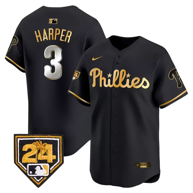 Black Gold Bryce Harper Phillies 2024 Spring Training Patch Vapor Premier Limited Jersey All Stitched