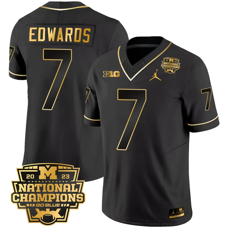 Black Gold Donovan Edwards michigan wolverines 2023 national champions patch Gold jersey v2 all stitched