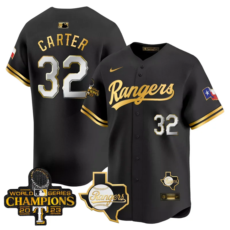 Black Gold Evan Carter texas rangers 2023 world series champions Gold trim jersey v2 all stitched