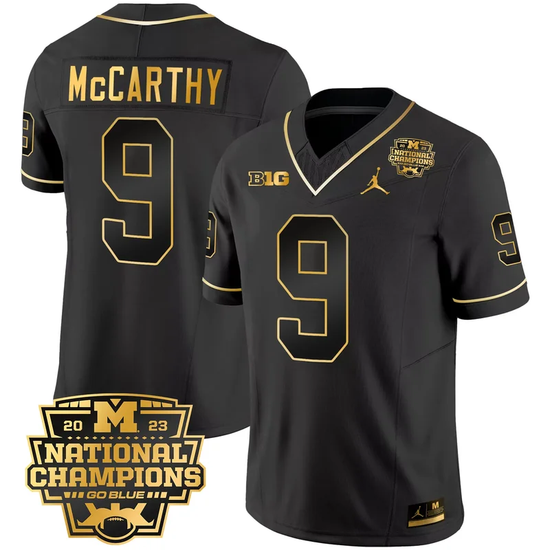 Black Gold J.J. McCarthy michigan wolverines 2023 national champions patch Gold jersey v2 all stitched