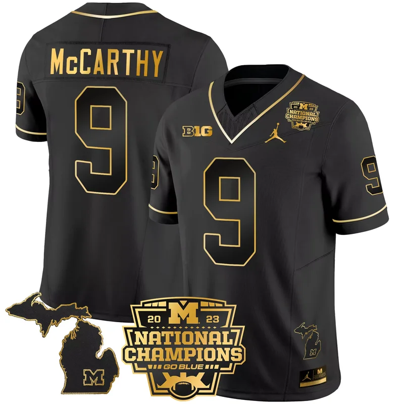 Black Gold J.J. McCarthy michigan wolverines 2023 national champions patch Gold jersey v2 all stitched - Image 2