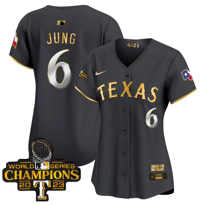 Black Gold Josh Jung texas rangers 2023 world series champions Gold trim jersey v2 all stitched - Image 3