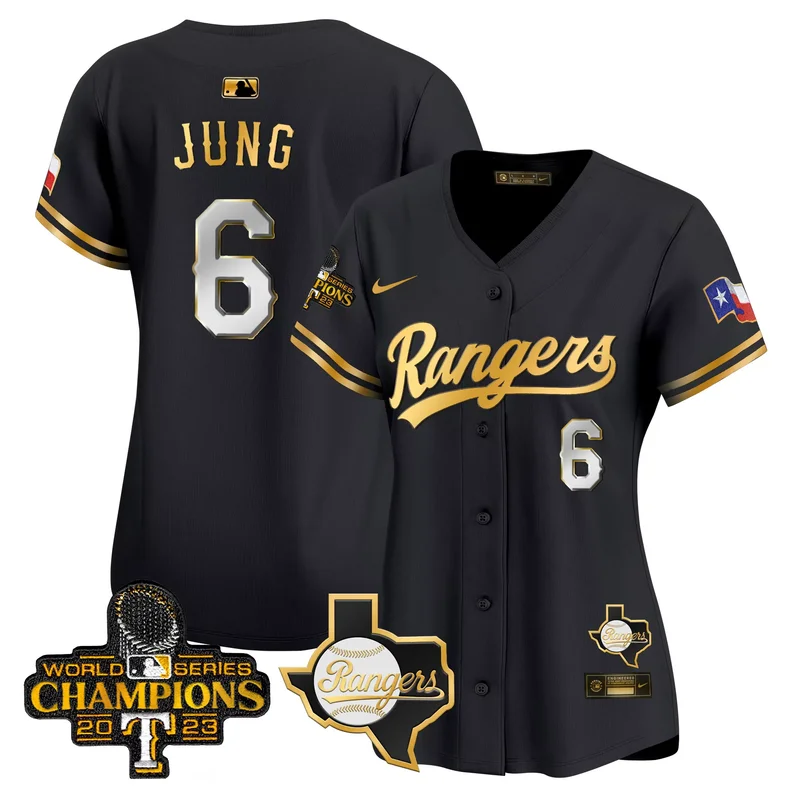 Black Gold Josh Jung texas rangers 2023 world series champions Gold trim jersey v2 all stitched