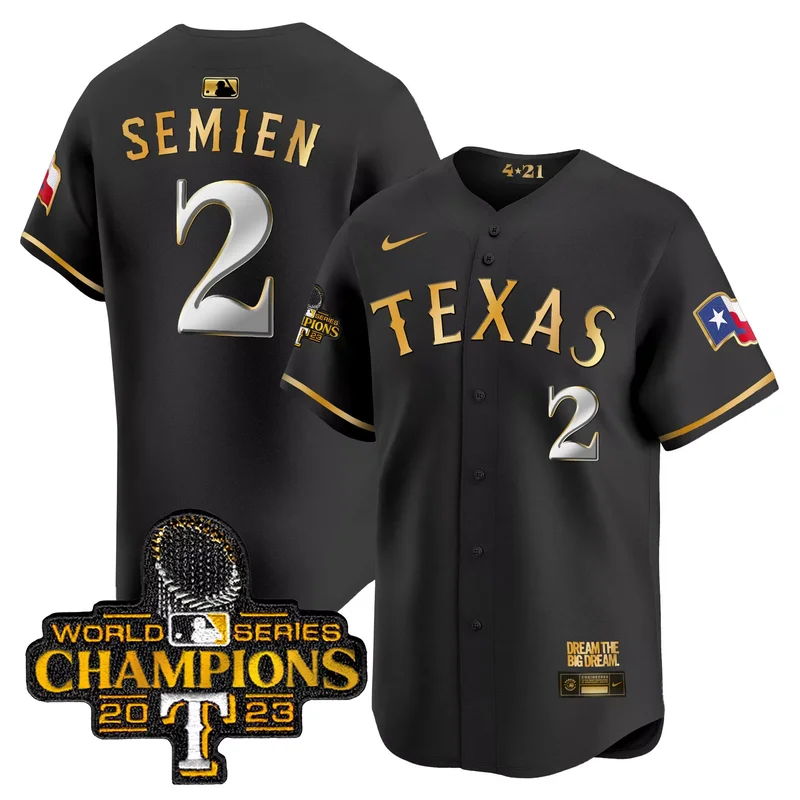 Black Gold Marcus Semien texas rangers 2023 world series champions Gold trim jersey v2 all stitched - Image 3
