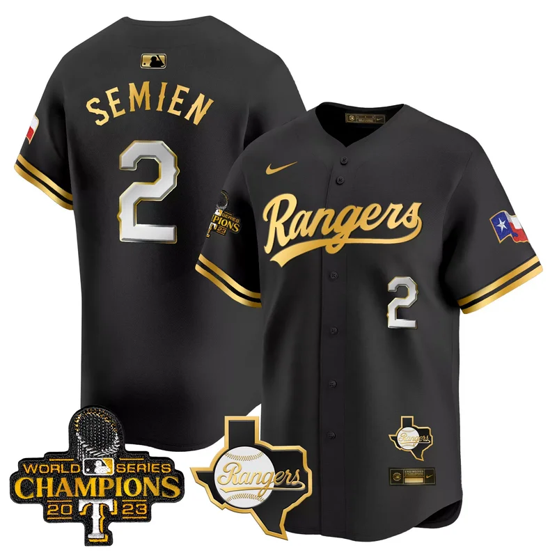 Black Gold Marcus Semien texas rangers 2023 world series champions Gold trim jersey v2 all stitched