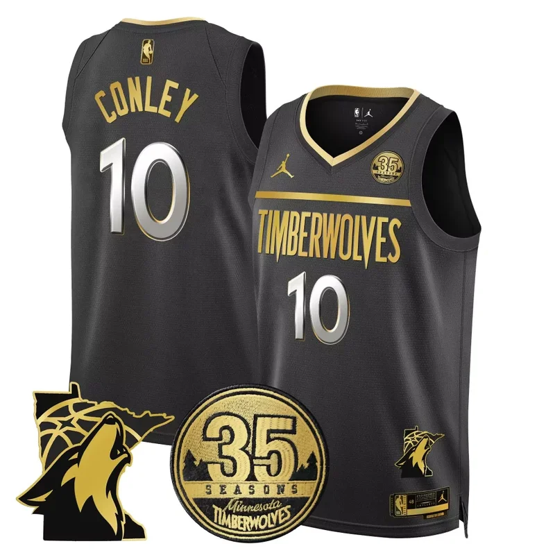Black Gold Mike Conley Timberwolves 35th Season Minnesota Patch Swingman Jersey All Stitched