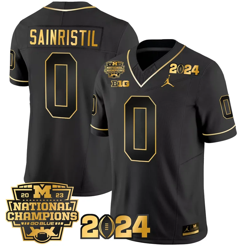 Black Gold Mike Sainristil michigan wolverines 2023 national champions patch Gold jersey all stitched