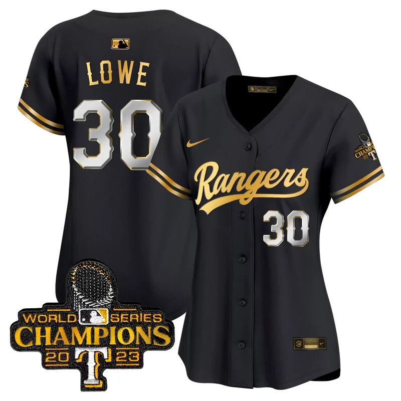 Black Gold Nathaniel Lowe texas rangers 2023 world series champions Gold trim jersey all stitched - Image 4