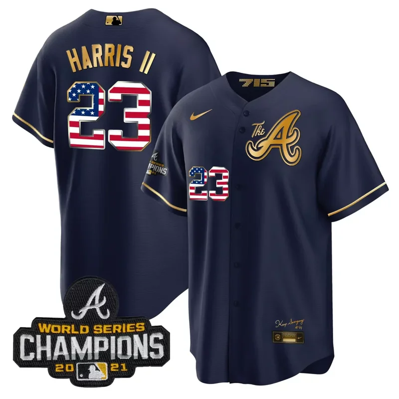 Black Gold Team Atlanta Braves The A Gold Flag Cool Base Jersey All Stitched - Image 5