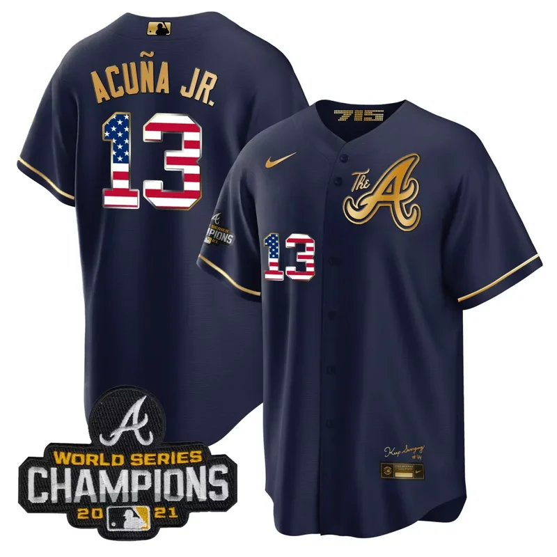 Black Gold Team Atlanta Braves The A Gold Flag Cool Base Jersey All Stitched - Image 2