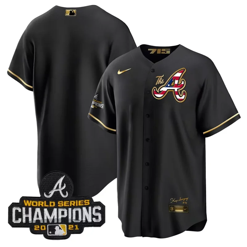 Black Gold Team Atlanta Braves The A Gold Flag Cool Base Jersey All Stitched