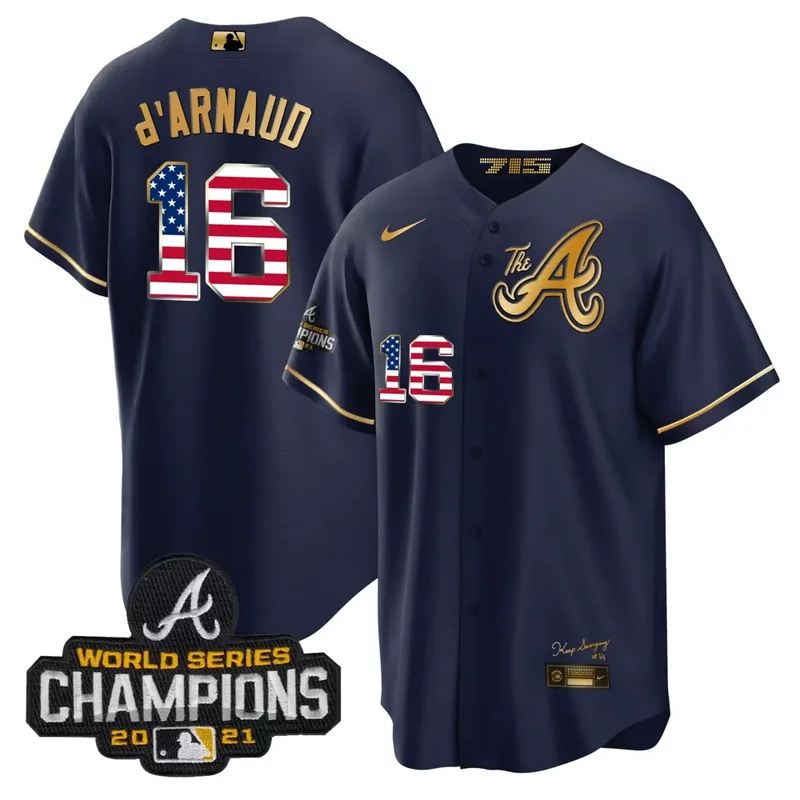 Black Gold Team Atlanta Braves The A Gold Flag Cool Base Jersey All Stitched - Image 3