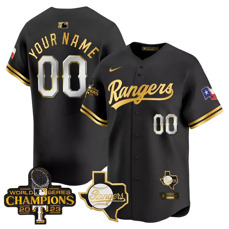 Black Gold texas rangers 2023 world series champions Gold trim vapor custom jersey v2 all stitched