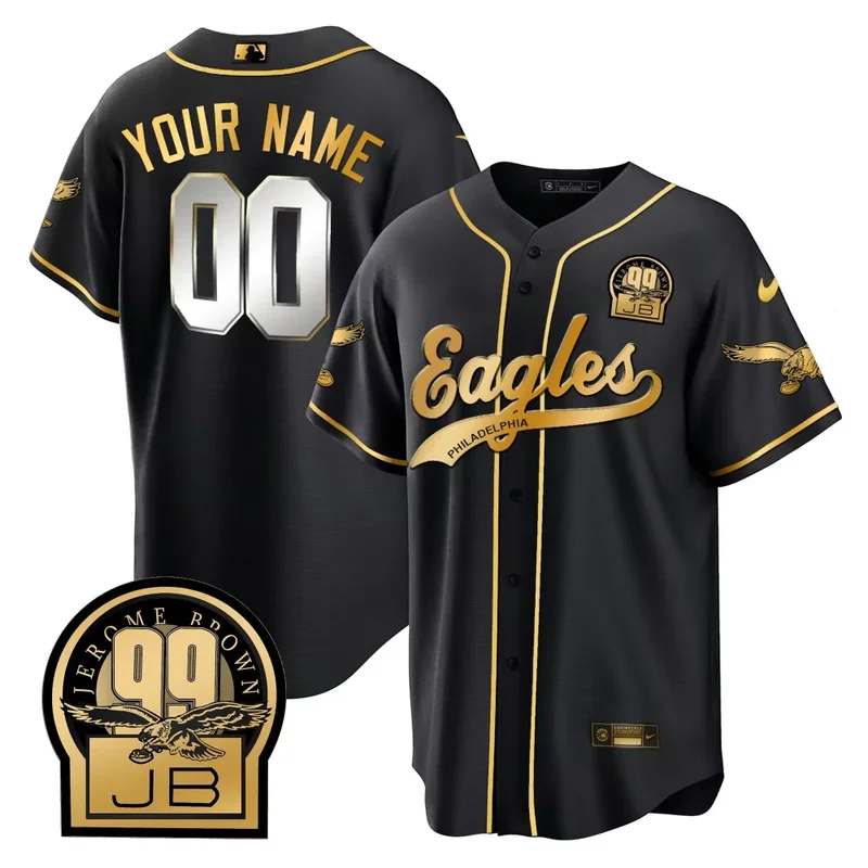 Black Gold Trim Eagles Jerome Brown Retired Patch Kelly Green Baseball Custom Jersey All Stitched - Image 2