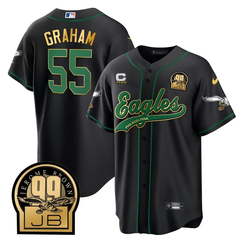 Black Gold Trim Saquon Barkley Eagles Jerome Brown Retired Patch Kelly Green Baseball Jersey All Stitched - Image 5