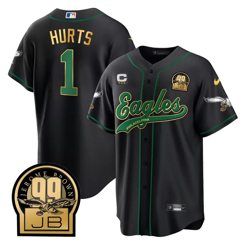 Black Gold Trim Saquon Barkley Eagles Jerome Brown Retired Patch Kelly Green Baseball Jersey All Stitched - Image 2