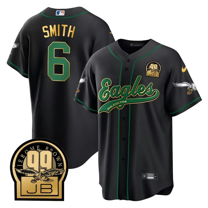 Black Gold Trim Saquon Barkley Eagles Jerome Brown Retired Patch Kelly Green Baseball Jersey All Stitched - Image 3