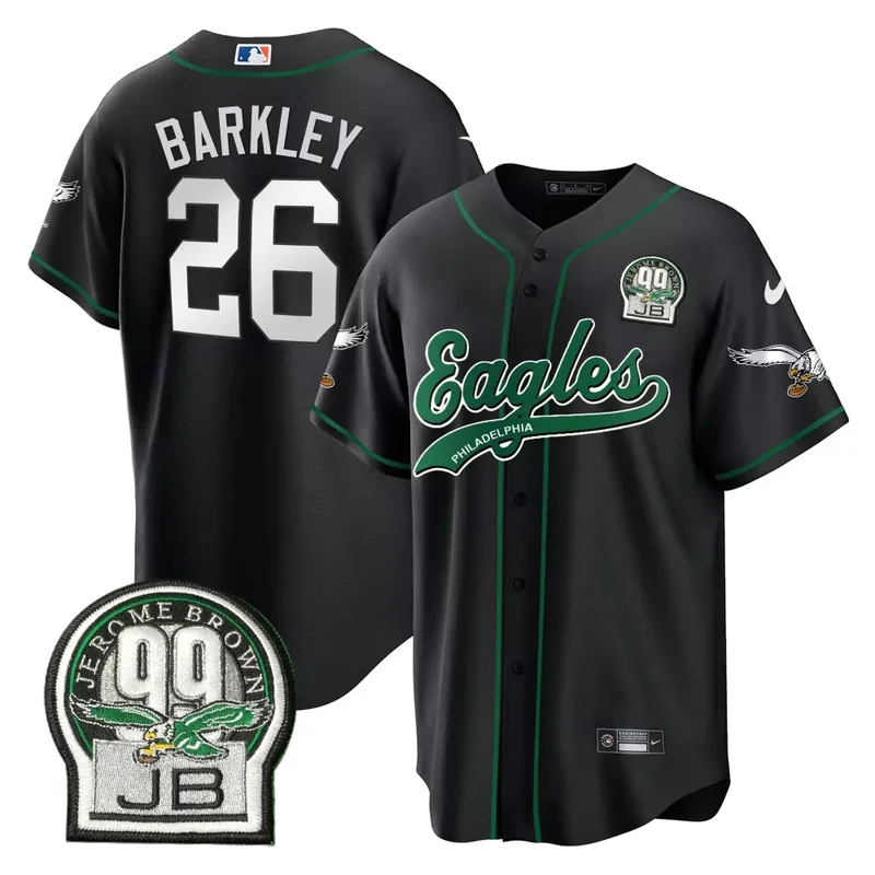 Black Saquon Barkley Eagles Jerome Brown Retired Patch Kelly Green Baseball Jersey All Stitched