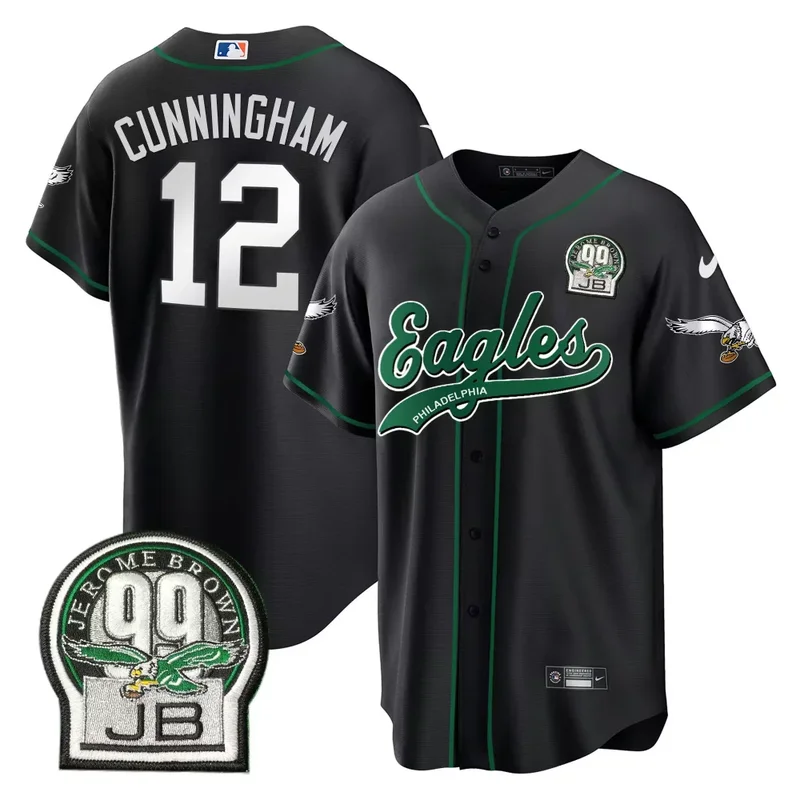 Black Saquon Barkley Eagles Jerome Brown Retired Patch Kelly Green Baseball Jersey All Stitched - Image 4