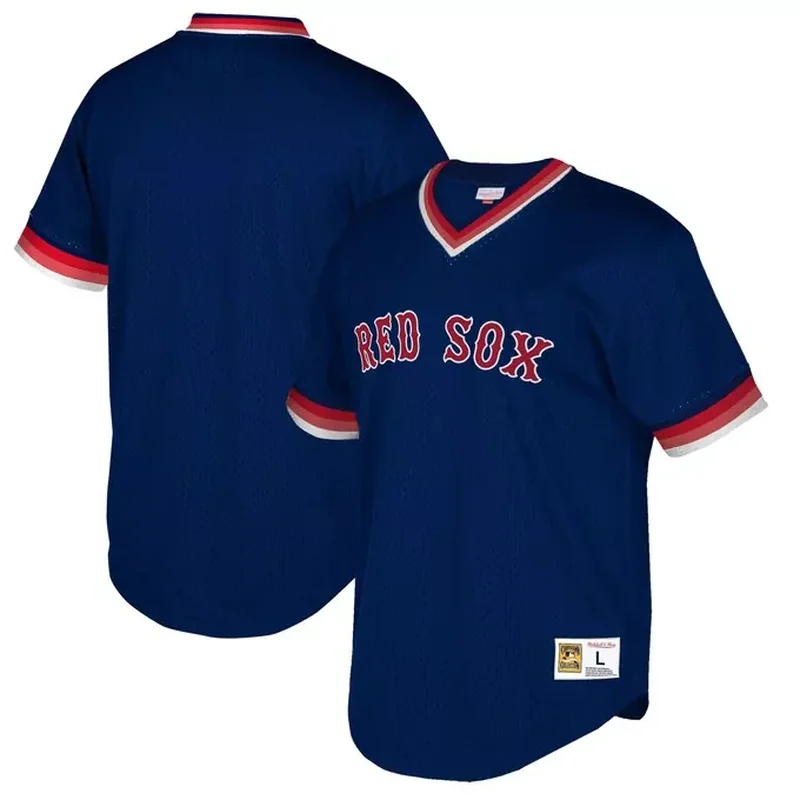 Boston Red Sox Cooperstown Collection Mesh Wordmark V-Neck Jersey Navy