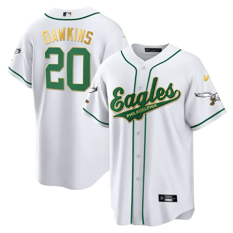 Brian Dawkins White Gold Trim EAGLES KELLY GREEN BASEBALL JERSEY ALL STITCHED
