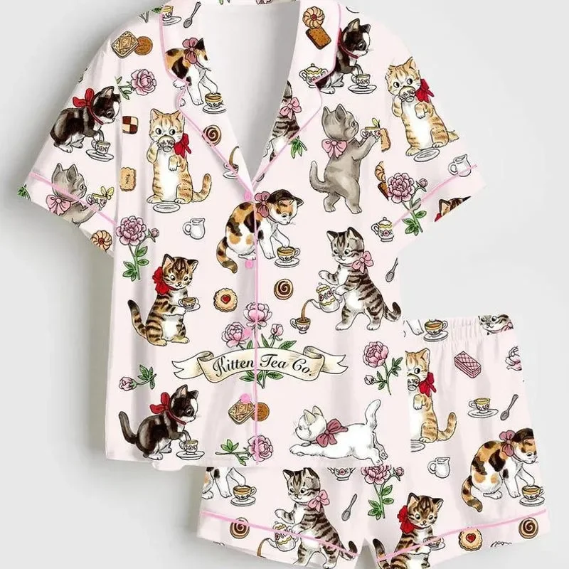 Cat Tea Party Short Sleeve Satin Pajama Set Meme Xmas Wedding Pajamas Pink Print Sleepwear Gift for Her