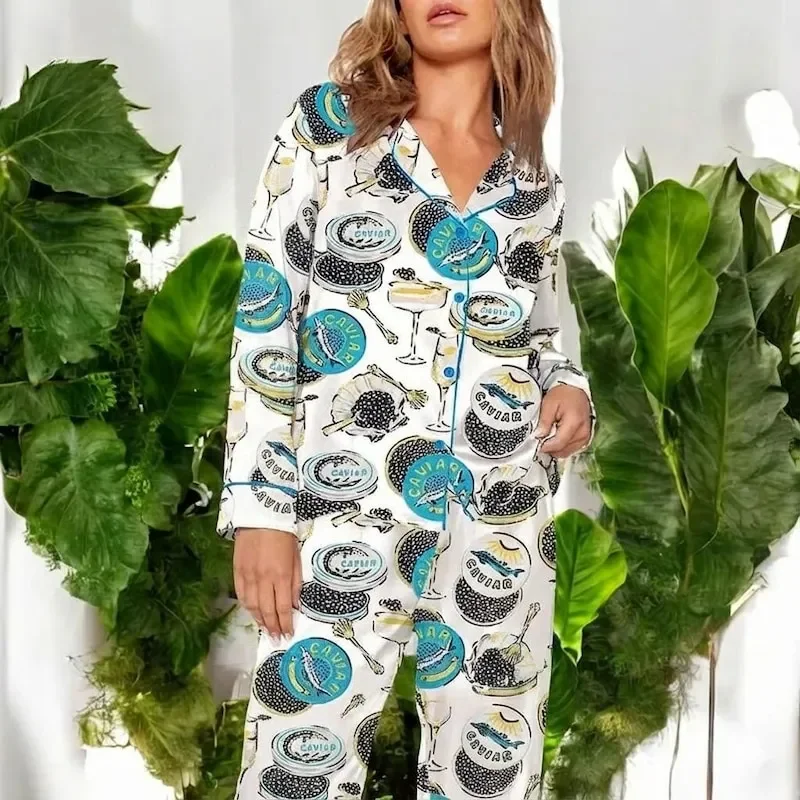 Champagne and Caviar Silk Pajama Set for Women Luxury Food Pajamas Print Sleepwear Gift