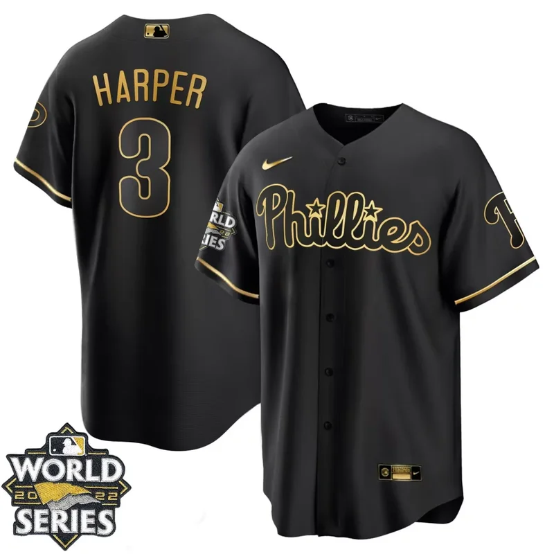 Cool Black Bryce Harper Philadelphia Phillies Gold 2022 World Series Jersey All Stitched