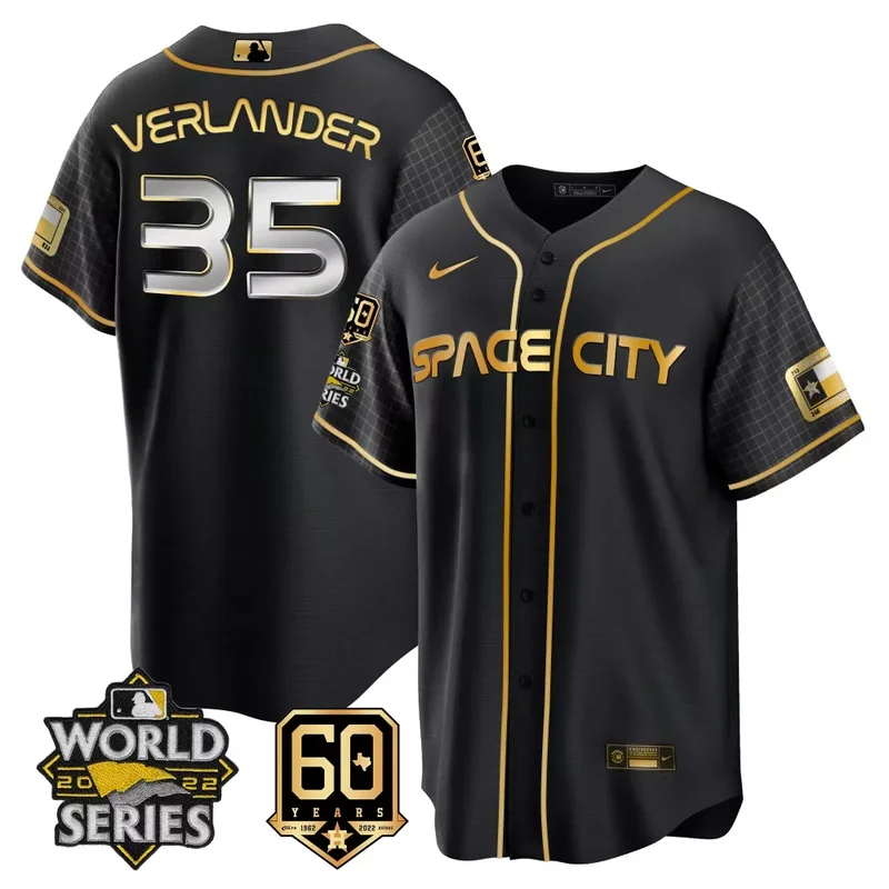 Cool Black Space Justin Verlander Astros 2022 World Series 60th Patch Jersey All Stitched